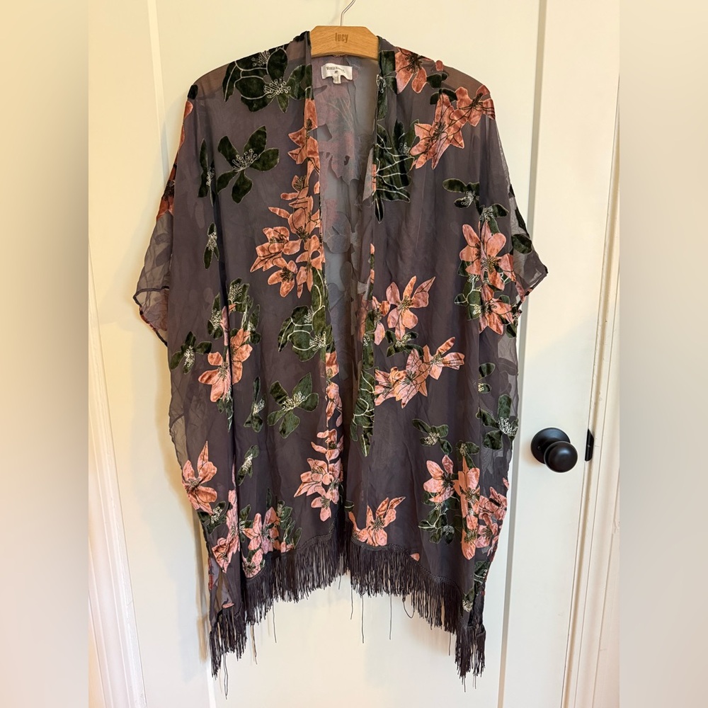 World Market Pink and Gray Velvet Kimono